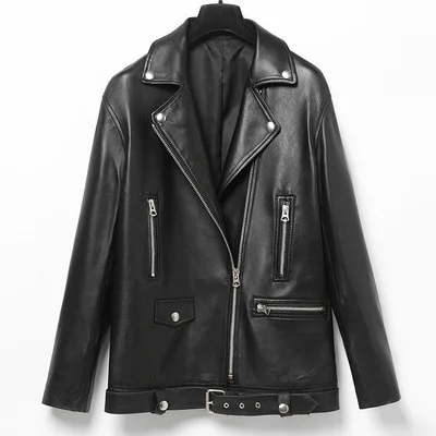 

Tao Ting Li Na Genuine Sheep Leather Jacket Women New Mid-Length Loose Motorcycle Real Sheep Leather Jacket R15