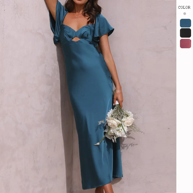 

2023 new European and American women's dress temperament solid color peach collar short sleeve slim long dress woman
