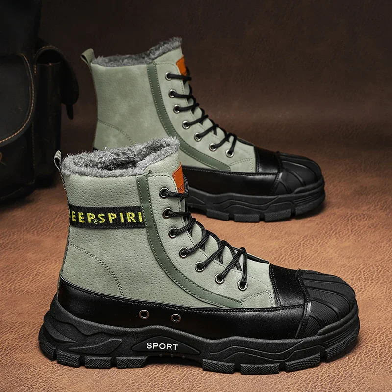 Мужские утепленные высокие ботинки черные мотоциклетные с плюшевой подкладкой