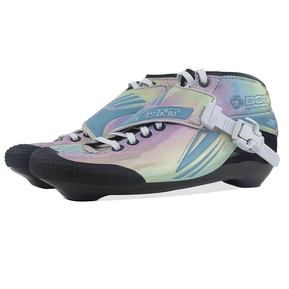 Фото Роликовые коньки BONT Jet 2PT 195 мм, синие, с радужным эффектом, скоростные, карбоновые, профессиональные, для дорожного катания №3