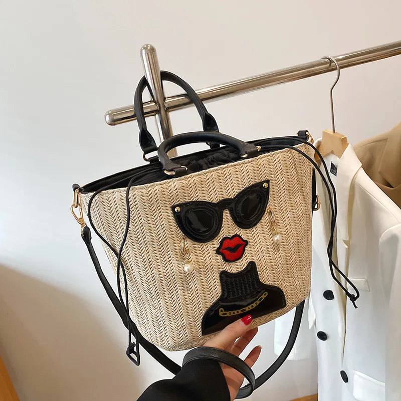

Personality Cartoon Girl Handbag 2022Spring Designer Summer New Fashion Straw Shoulder Messenger Bag Large Capacity Fashion Tote