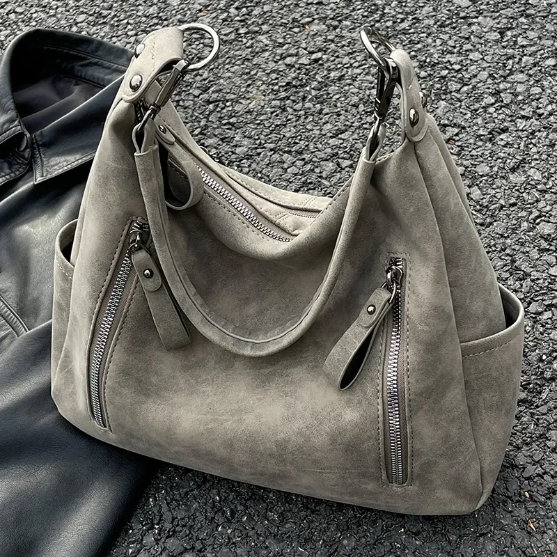 

Female Nubuck Leather Tote Bag Zipper Decoration Ladies' Commuter Shoulder Bags Khaki Large Top Handle Women's Shopper Handbags