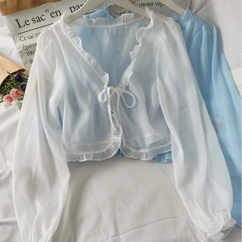 Повседневный шифоновый кардиган Женский Летний Тонкий укороченный топ с бантом