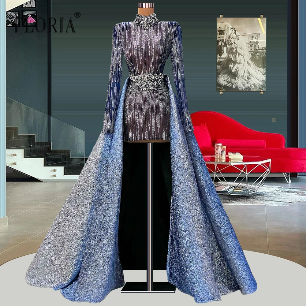 

High Neck Long SLeeve Formal Evening Party Gowns with Overskirts 2022 Women Vestido De Novia Heavy Beads Celebrity Dresses