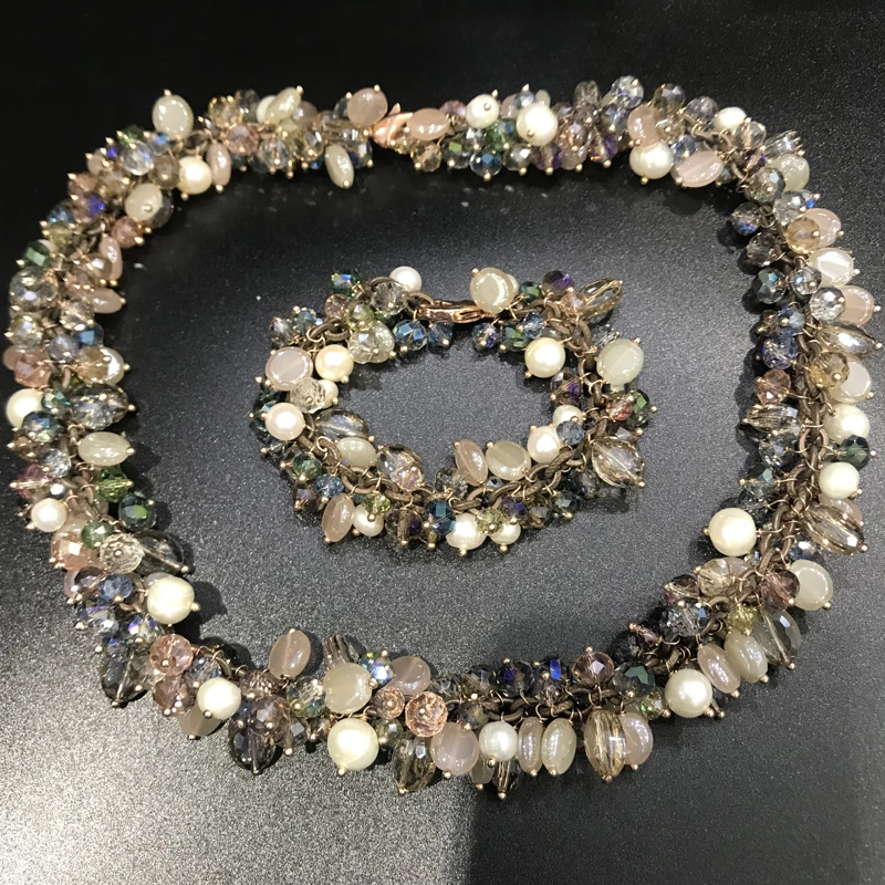 

Narural Fresh Water Pearl Stone Crystal Necklace Bracelet Jewelry Sets Vintage Style Hand Made For Women Fashion Free Shipping