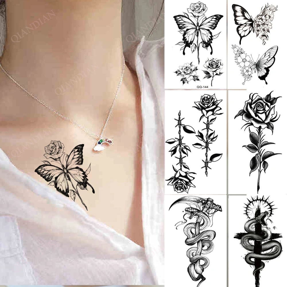 Waterproof Temporary Tattoo Stickers Butterfly Snake Rose Flower Gun Dark Flash Small Women Body Art Wrist Neck Fake Tattoos Men