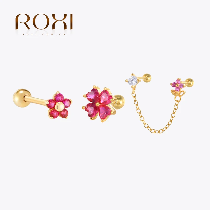 ROXI Minimalism Red Zircon Series Earring For Women Pendientes Plata 925 Piercing Stud Earrings For Girl Party Fine Jewelry Gift