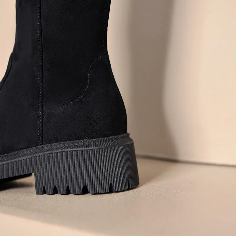Женские ботфорты из эластичной ткани Осенние Зимние Черные Сапоги выше колена на