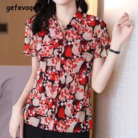 vintage office lady floral printed folds button shirt summer 2022 new polo neck short sleeve loose cardigan tops ladies clothing