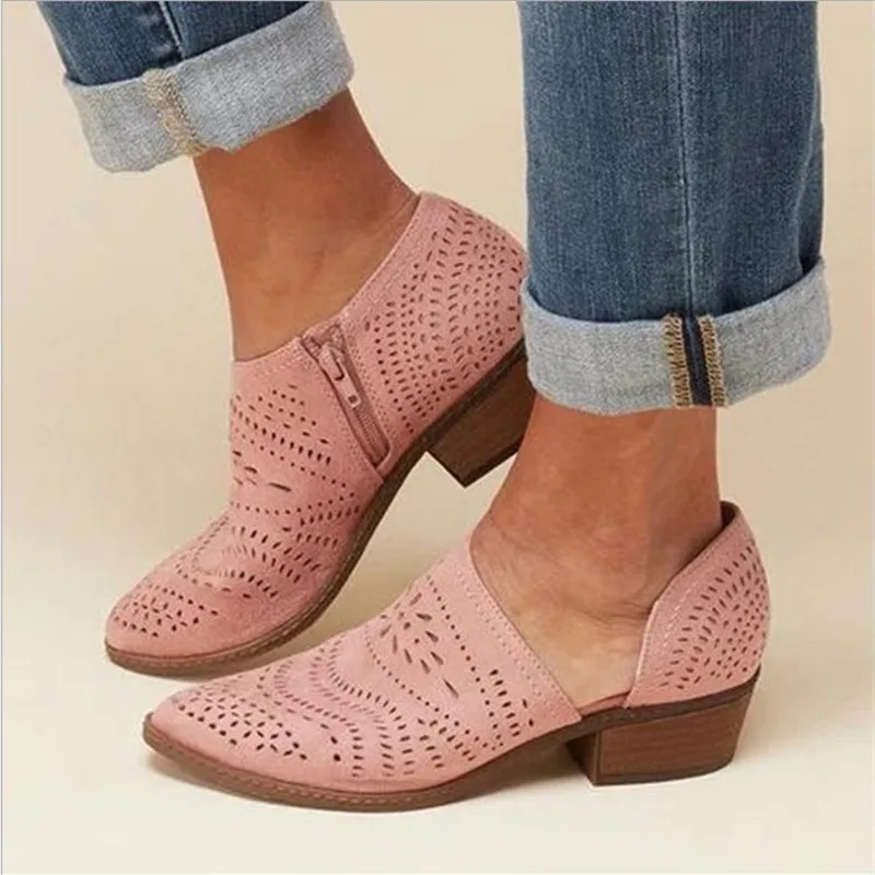 

Туфли Fretwork женские на низком массивном каблуке, заостренный носок, молния сбоку, короткие босоножки, сандалии с вырезами, Ретро стиль, весна-...