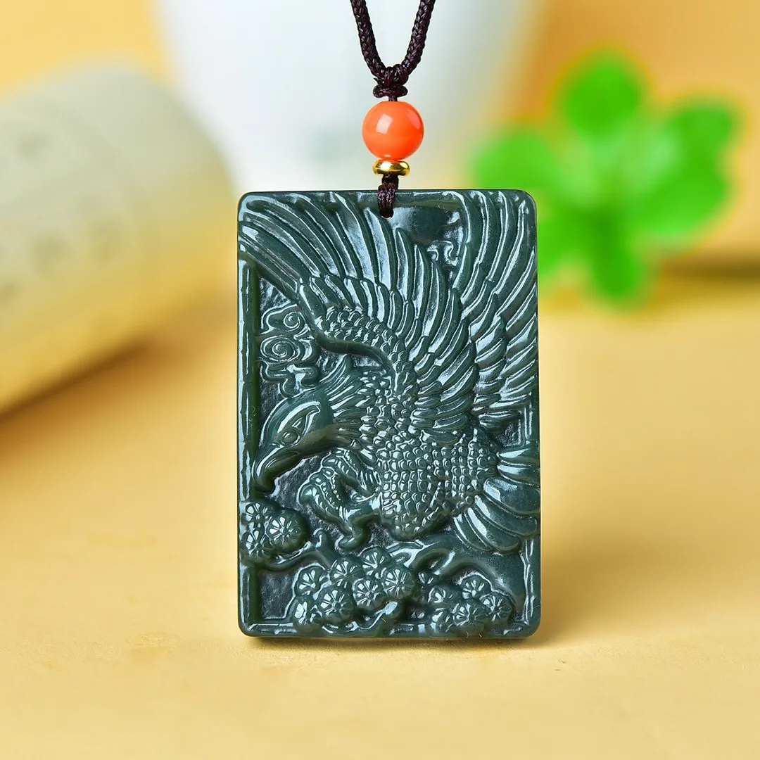

Send Certificate Natural Green Jade Eagle Pendant Necklace Men Women Hand Carved Hetian Jades Nephrite Eagle Charms Lucky Amulet