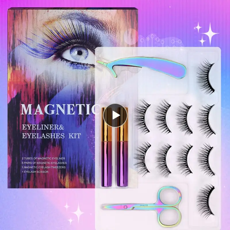 

5 Pairs Magnetic Eyelashes With Magnetic Liquid Eyeliner & Tweezer Curled Thick False Eyelash Repeated Use Eye Makeup Set TSLM1