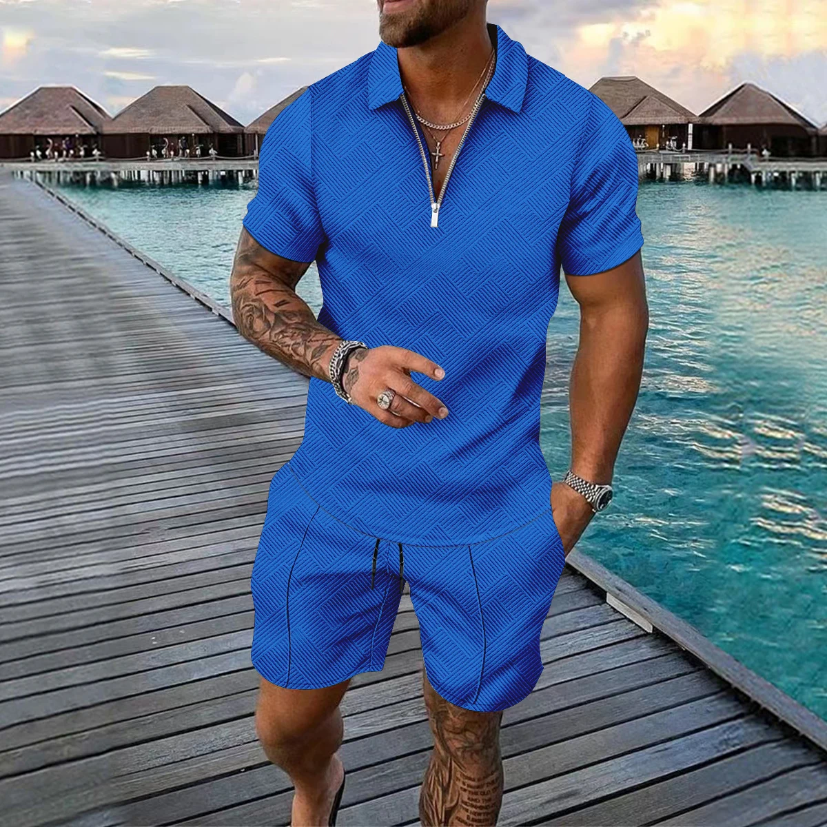 Summer Casual Sportswear Men's Suit Simple Solid Color Printed Zipper Men's POLO Shirt and Drawstring Shorts 2-Piece Set