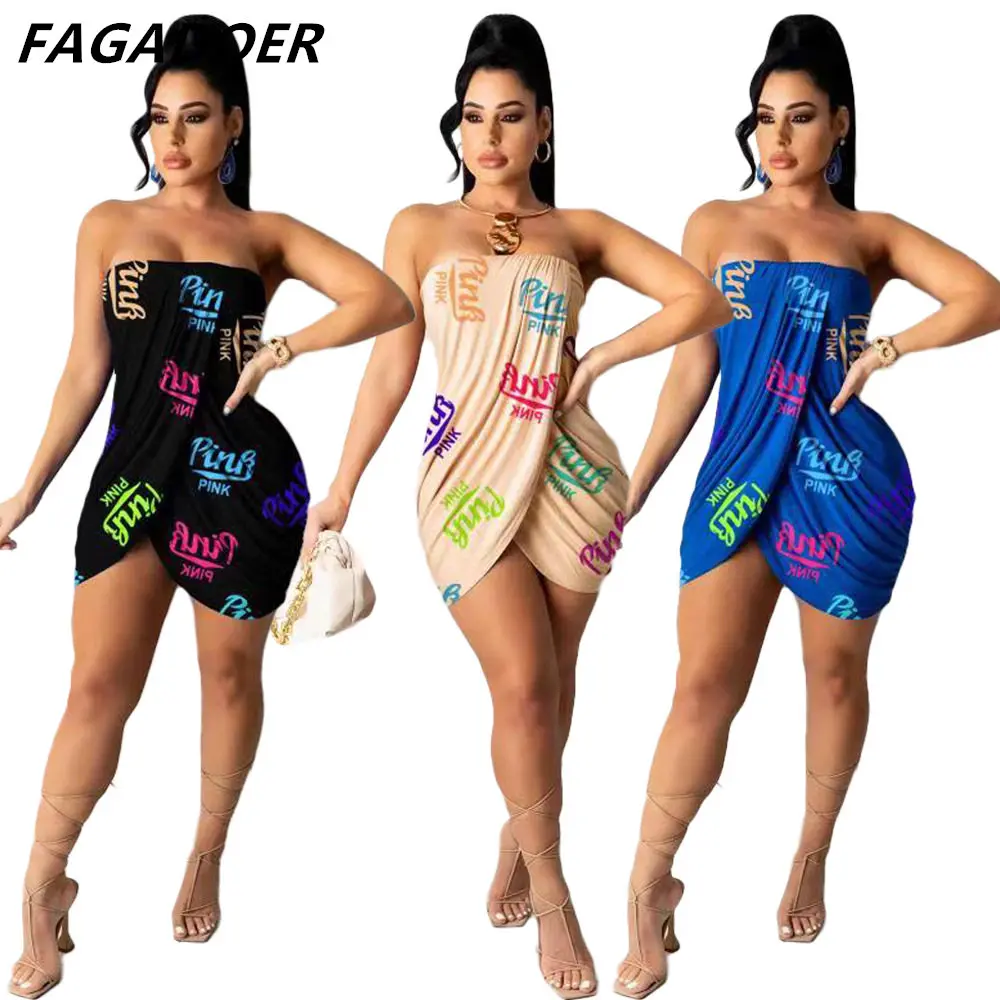

FAGADOER Pink Letter Graffiti Ruched Wrap Dress Women Off Shoulder Sleeveless Sexy Party Sheath Dress Print Mini Club Tube Dress