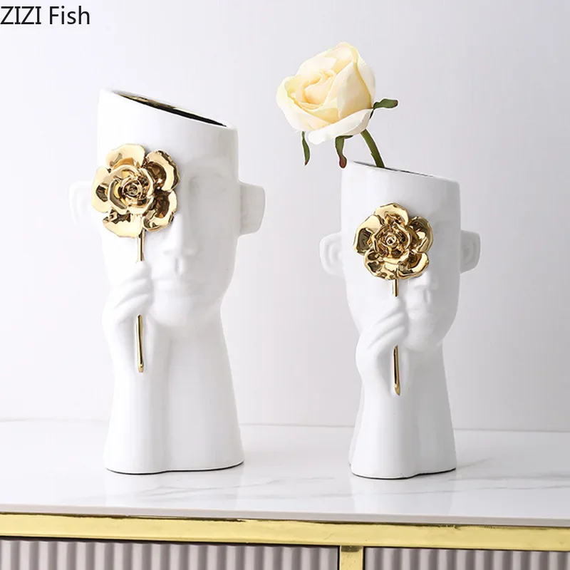 Керамическая ваза с золотым рельефом и розой цветочный горшок персонажем