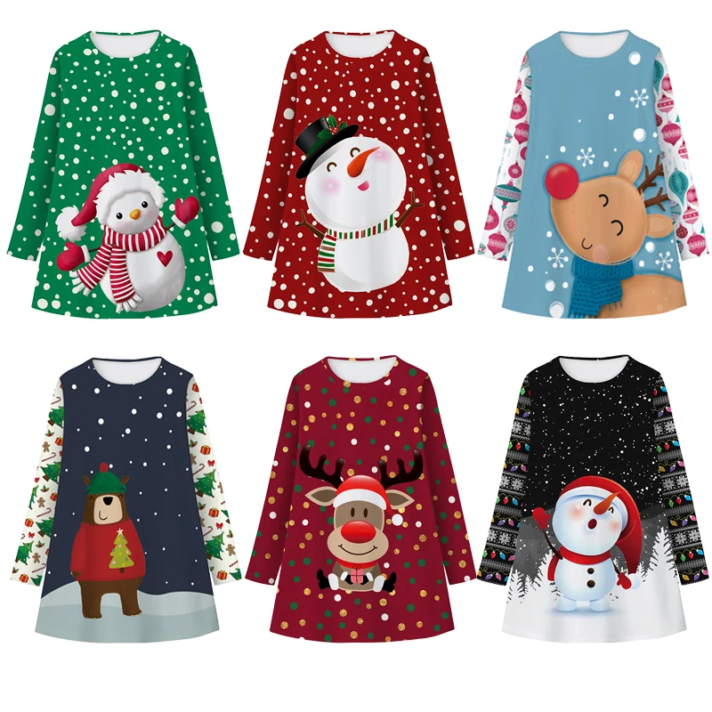 2022 Christmas Girls Dress Thin Cute Snowman Fashion Little Princess Dress Xmas Party Gift 7 8 9 10 11 12 Years Old Kids Clothes