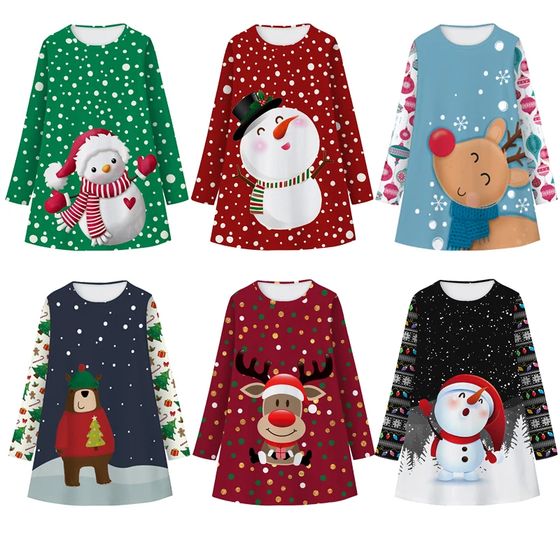 

2022 Christmas Girls Dress Thin Cute Snowman Fashion Little Princess Dress Xmas Party Gift 7 8 9 10 11 12 Years Old Kids Clothes