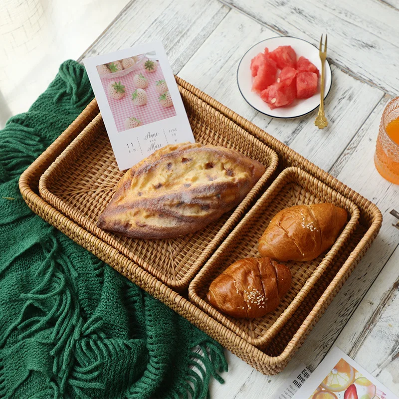

Hand-woven Rattan Wicker Basket Fruit Tea Snack Bread Basket Cosmetic Rectangular Storage Box Household Kitchen Supplies