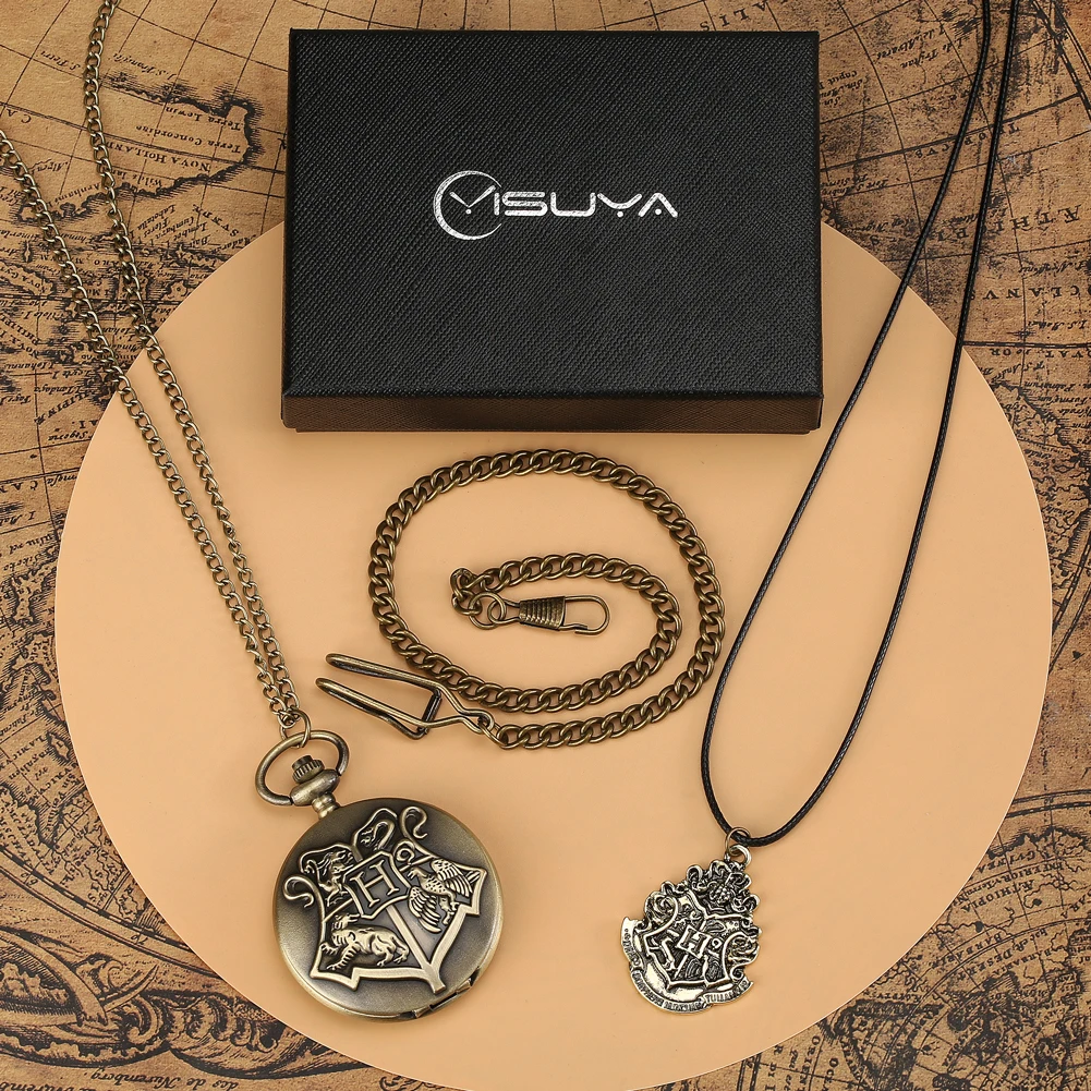 3PCS Pocket Watch Sets for Men Vintage Bronze Necklace Pendant Pocket Watch Luxury Gift Set for Male Fob Chain Reloj De Bolsillo