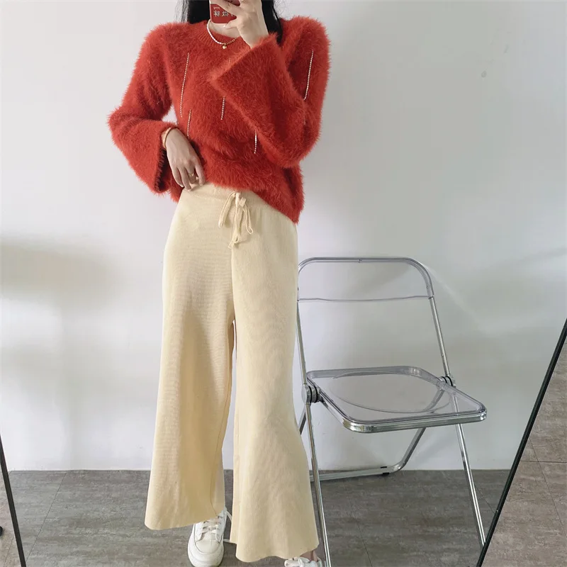 

Брюки женские с широкими штанинами, осень/зима 2022, свободные вязаные брюки с высокой талией, плотные прямые брюки, повседневные универсальн...