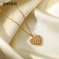 enxier romantic cubic zircon hollow heart pendant necklace for women 316l stainless steel gold color chain necklace ladies gift