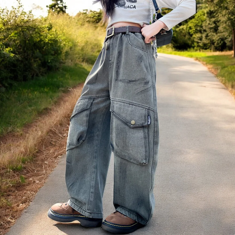 Джинсы-карго для маленьких детей брюки девочек мешковатые с широкими штанинами