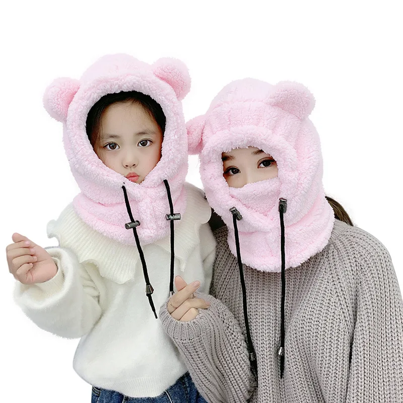 

Plush Bear Balaclava With Ears Mask Hat With Earflaps Cute Children's Thicken Warm Winter Hats For Women Girl Bonnet Female Hood