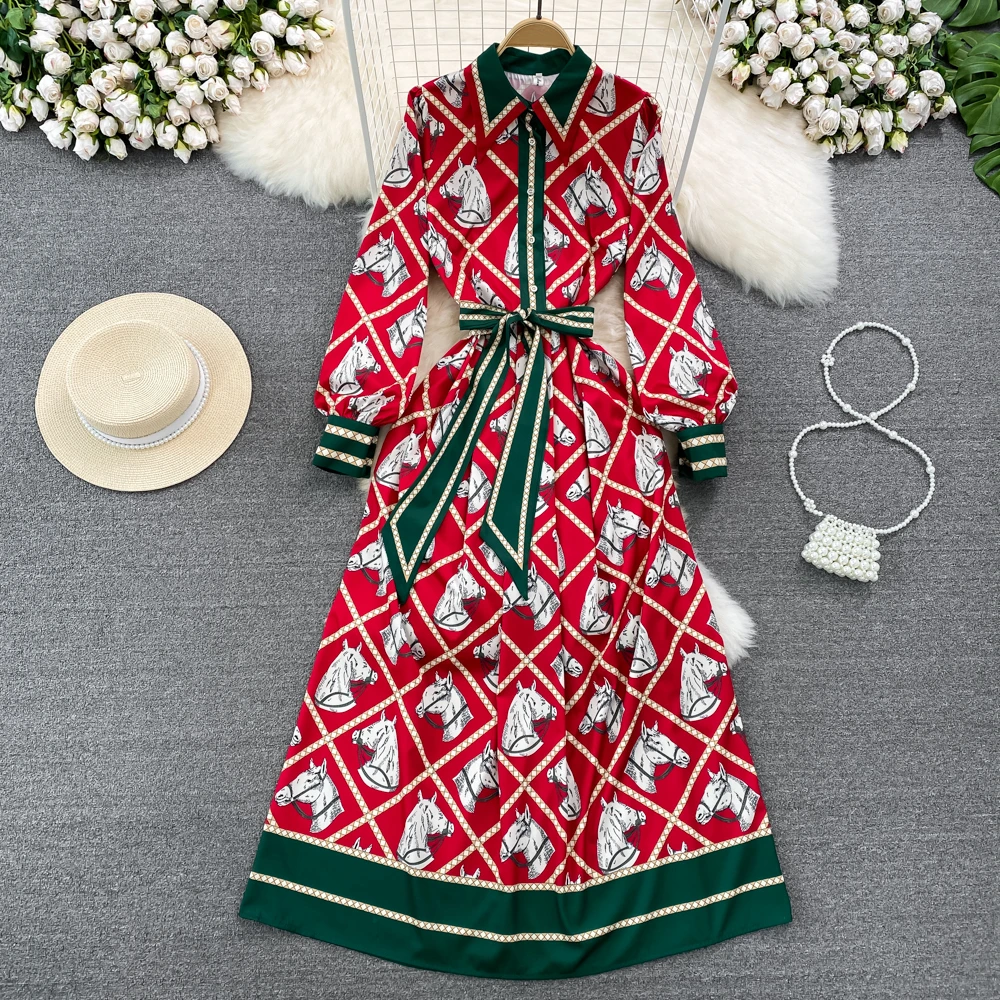 

Clothland Women Horse Print Shirt Dress Animal Turn Down Collar Long Sleeve Sashes Chic Ankle Length Dresses Vestido Maxi QB690