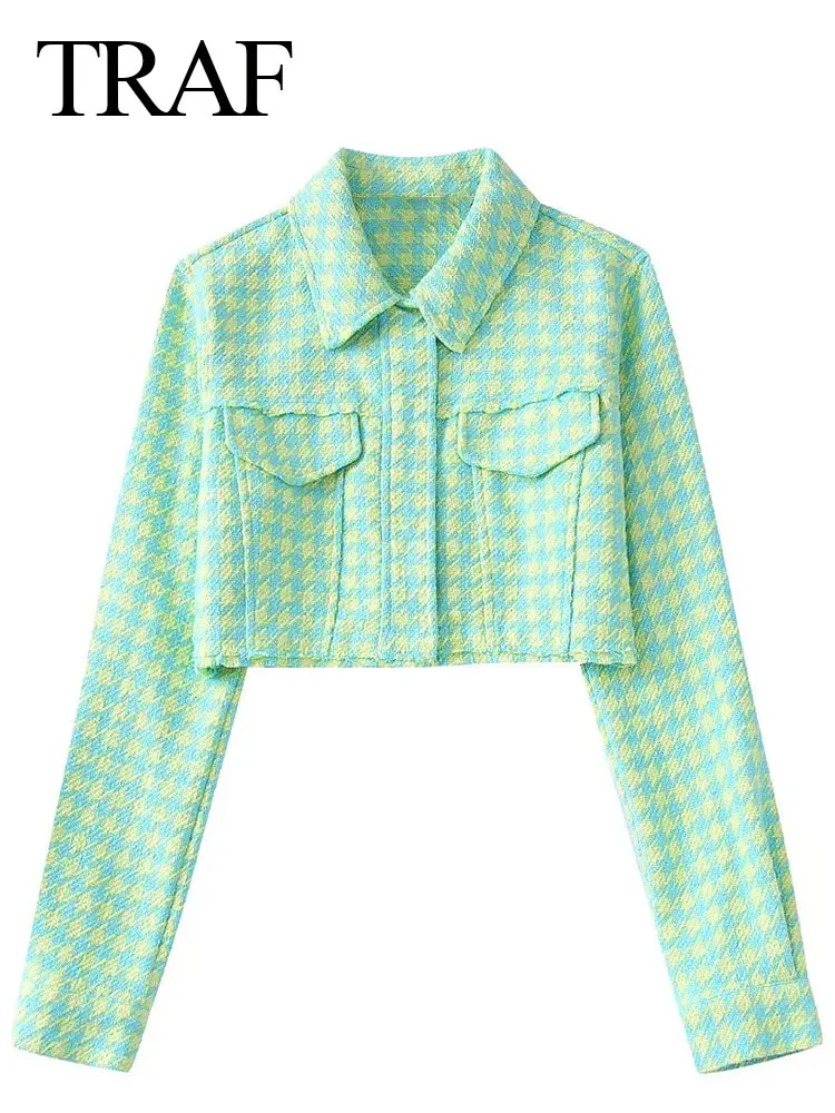 

TRAF Youth Light Green Plaid Print Raw Edge Fashion Short Lady Blazer Casual Lapel Straight Suit Top Women's Clothing New