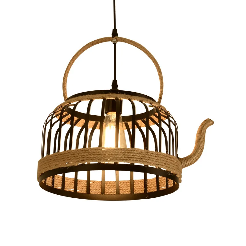 

Retro Loft Iron Black Painted with Hemp Rope Teapot Model Edison Bulb Cord Pendant Lights Catering Decor Lamparas De Cuerda
