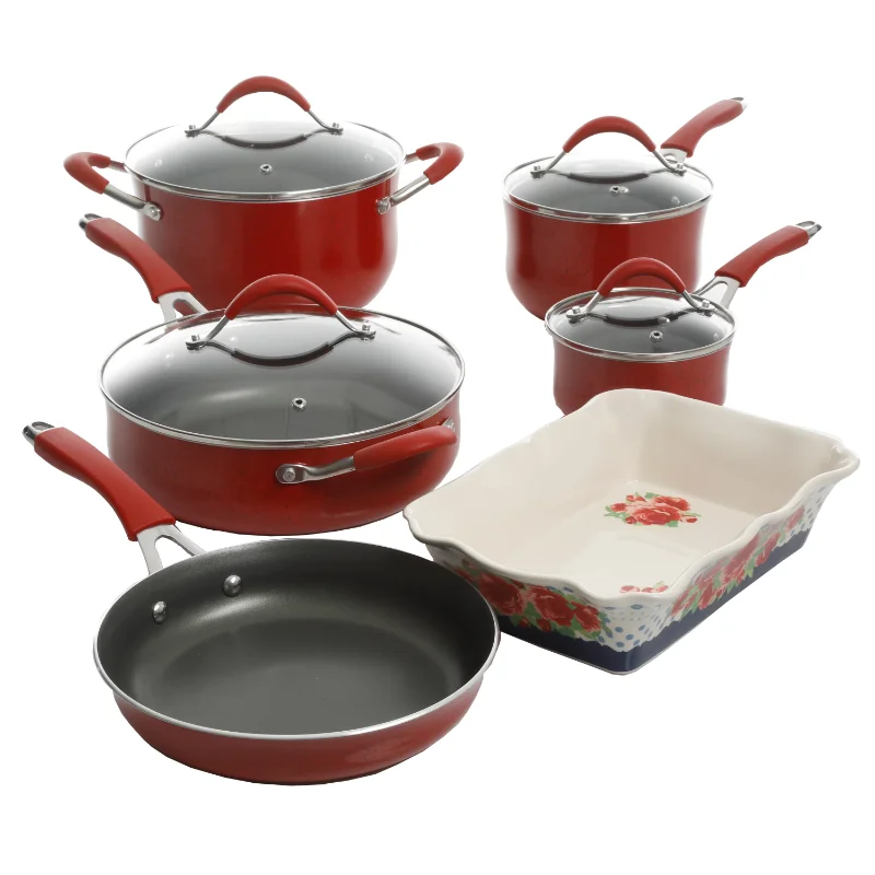 

10-Piece Aluminum Non Stick Cooking Pots Cookware Set Durable Enamel Aluminum Cookware Heats Quickly and Evenly
