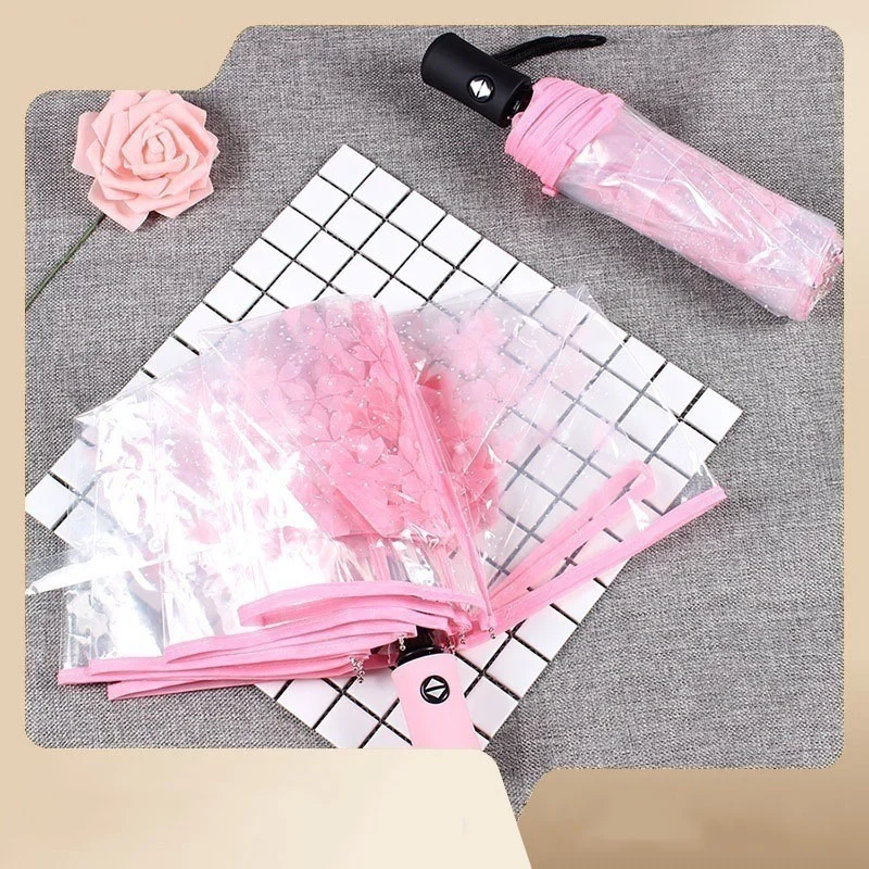 

Прозрачный зонт Sakura для женщин, корейский утолщенный полностью автоматический зонт тройного сложения для молодых студентов