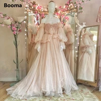 booma fairy blush tulle prom dresses off shoulder long sleeves ribbons a line wedding party dresses 2021 formal evening gowns