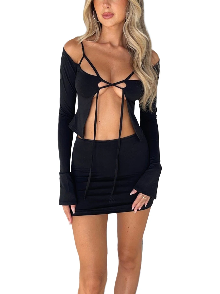 

Женский летний комплект из двух предметов, Топ с длинным рукавом и юбка мини на бретельках с вырезами