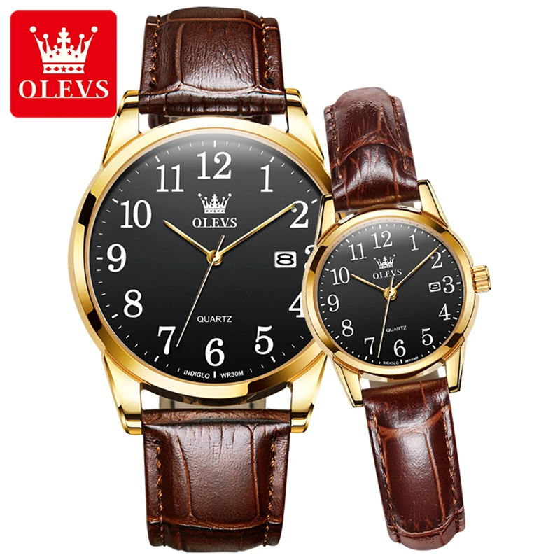 

OLEVS 5566 Quartz Couple Watches Leather Strap Fashion Calendar Waterproof Lover's Watch Paired Men and Women Wrist Watch Clock