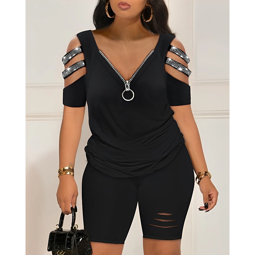 

Women Casual Two Pieces Set Outfits 2023 Summer Fashion Femme Rhinestone Cold Shoulder Top & Shorts Set Streetwear