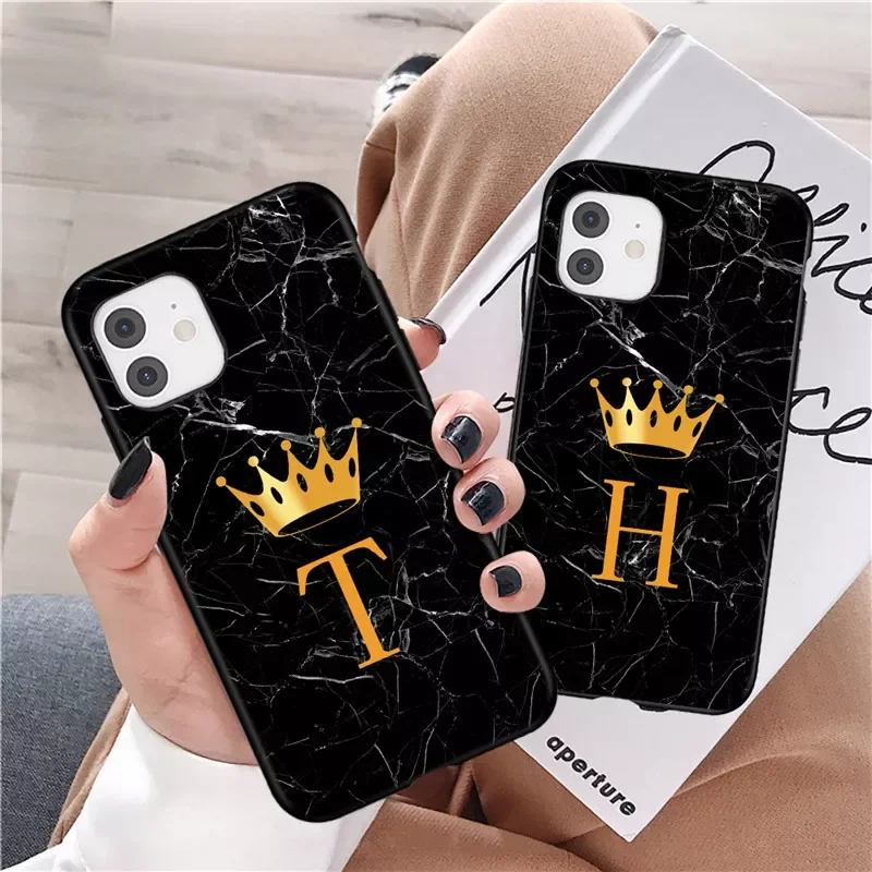 

Free Shipping For iPhone 11 12 Pro Max 12 Mini Shockproof Case Soft TPU Back Cover Silicone Black Marble Crown Letter Fashion Ph