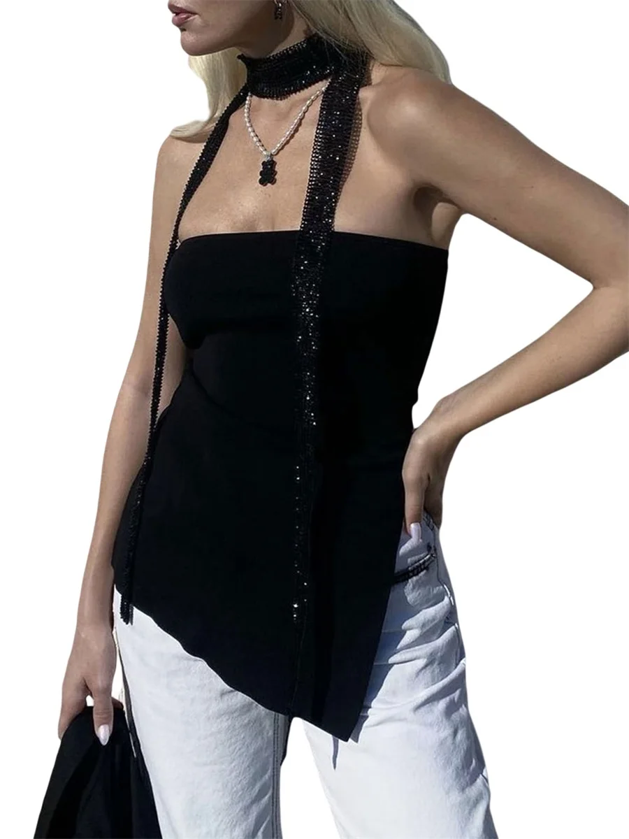 

Женский укороченный топ без рукавов с лямкой на шее, элегантная Сексуальная кружевная блузка с открытой спиной, вечерние