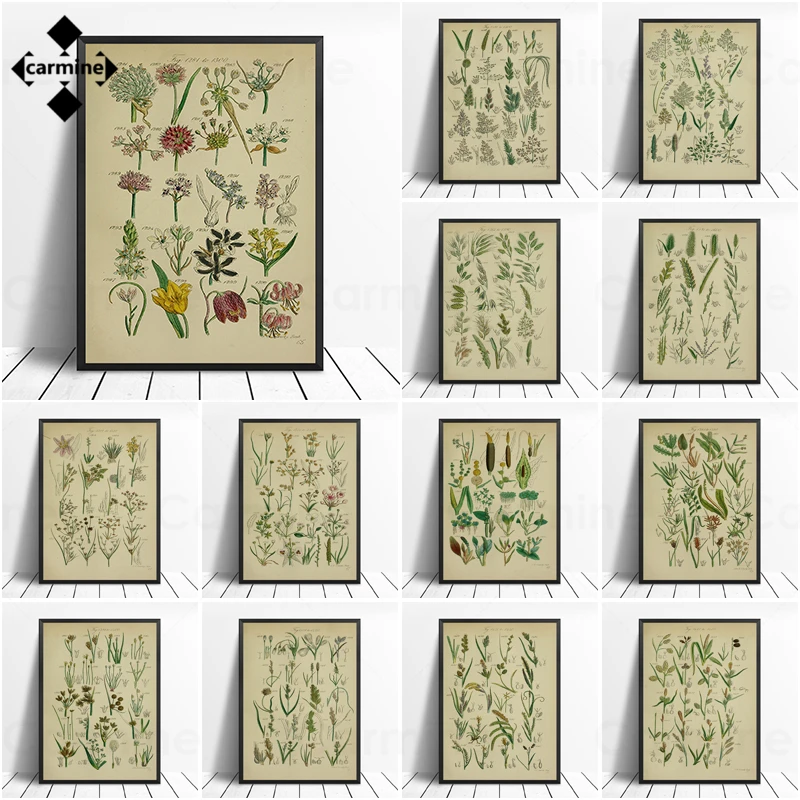 

British Wildflowers Canvas Painting Retro Flowers Poster Vintage Style Plant Leaves Wall Art Decorative Pictures for Home Decor