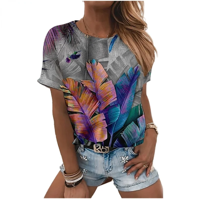 

2021 Fashion Pullover Printed Top Femme Round Neck Loose Casual Plant Style HARAJUKU SHIRT Summer New Women's Large Size 6XL