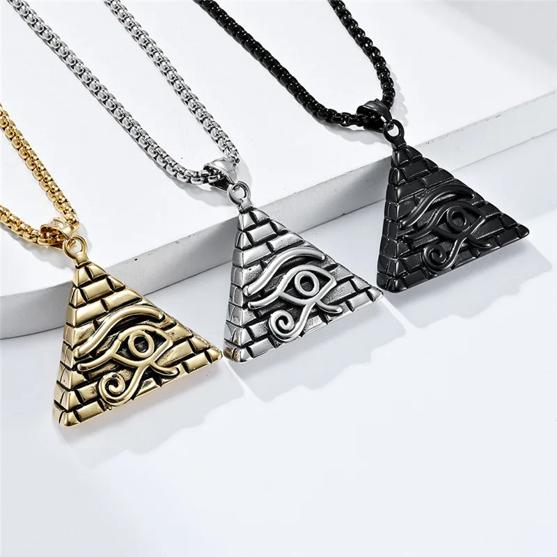 

Vintage Mens Pyramid Pendant Necklace Stainless Steel Ancient Egypt Eye Of Horus Necklace For Men's Gift Jewelry
