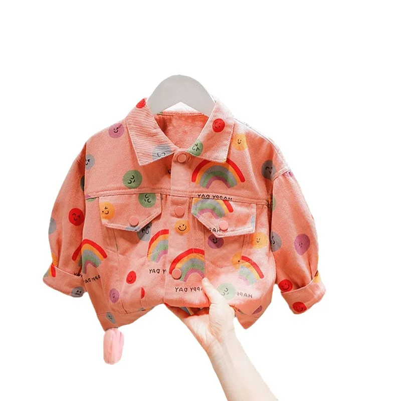 

New Girls' Denim Jacket Spring and Autumn Children's Fashion Print Cute Lapel Top Thin Coat Jacket 2-10Y Toddler outwear