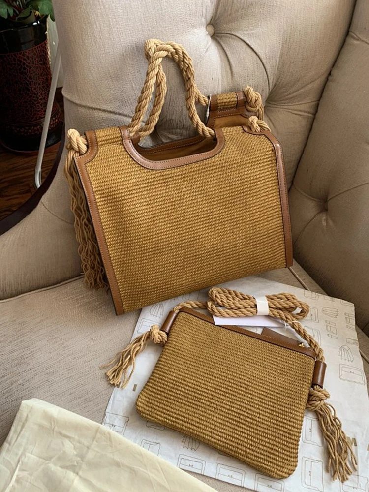 

New Straw Woven Bag One-shoulder Rope Tassel Embroidery Women Bag