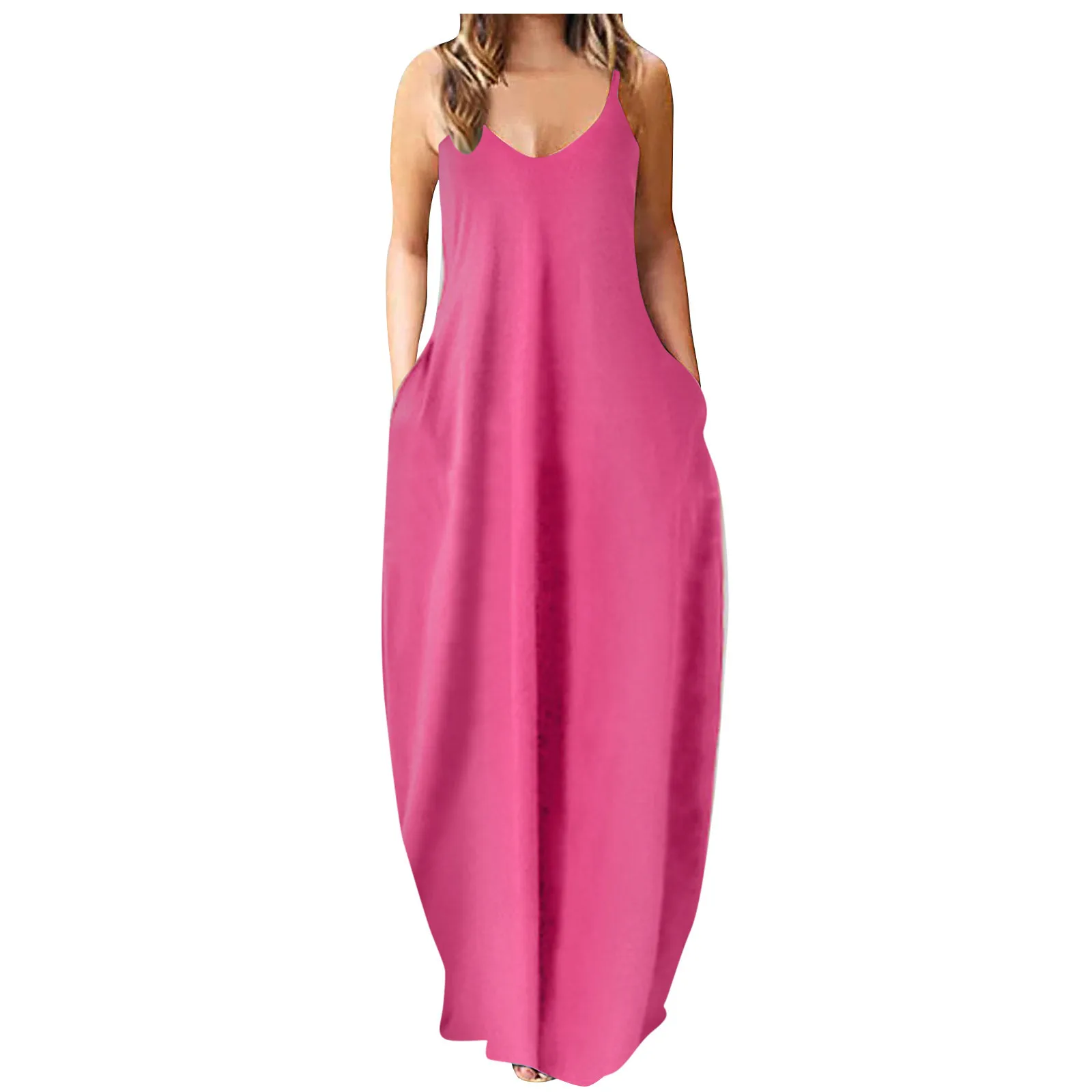 

Lady Solid Color Long Dress Spaghetti Strap Sundress Dresses Women's Sexy V-neck Sleeveless 2022 Summer Women S-5xl Robe Pockets