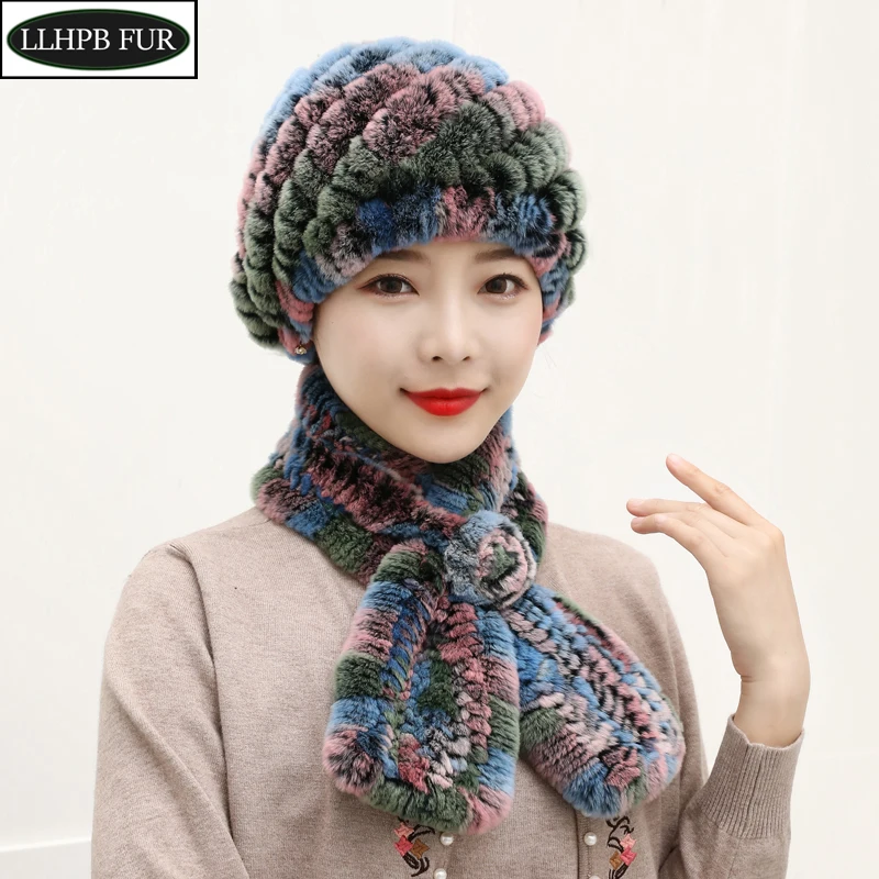 

Winter Knitted 100% Natural Fur Hats Scarves Sets Women Warm Real Rex Rabbit Fur Hat Scarf Lady Fashion Thick Rex Rabbit Fur Hat