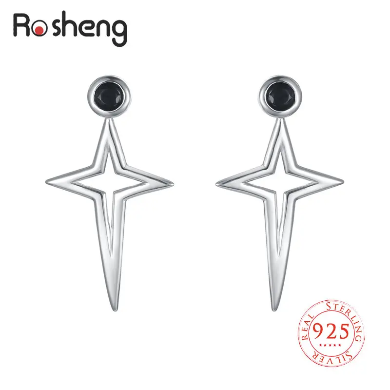 

925 Sterling Silver Elegant Kpop Trendy Stud Earrings for Women Pendant Party Star Black Stone Zircon Fine Jewelry