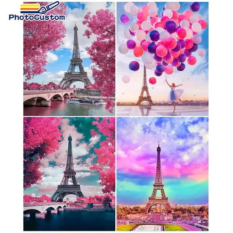 

PhotoCustom Painting By Number Tower Kits For Adults Handpainted DIY Picture By Number Scenery on Canvas Home Decor Winter Gift