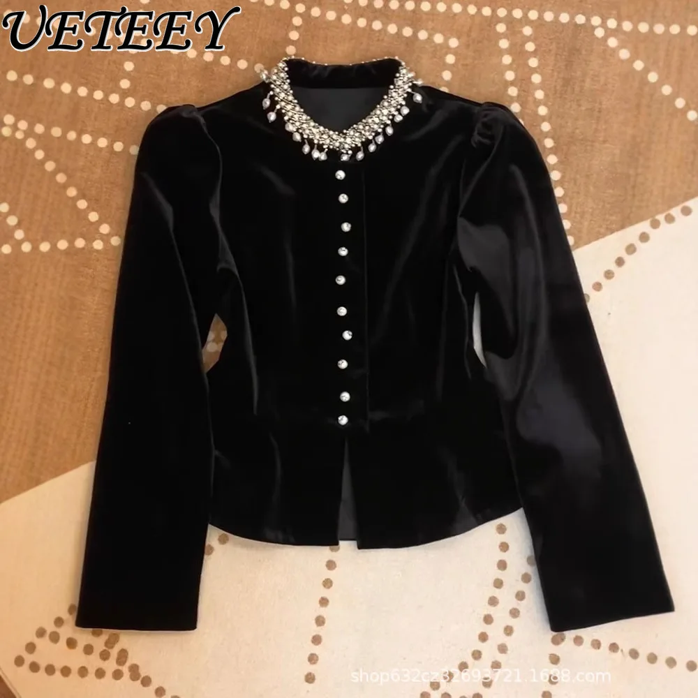 Черная бархатная куртка премиум-класса с объемными рукавами и бусинами женская