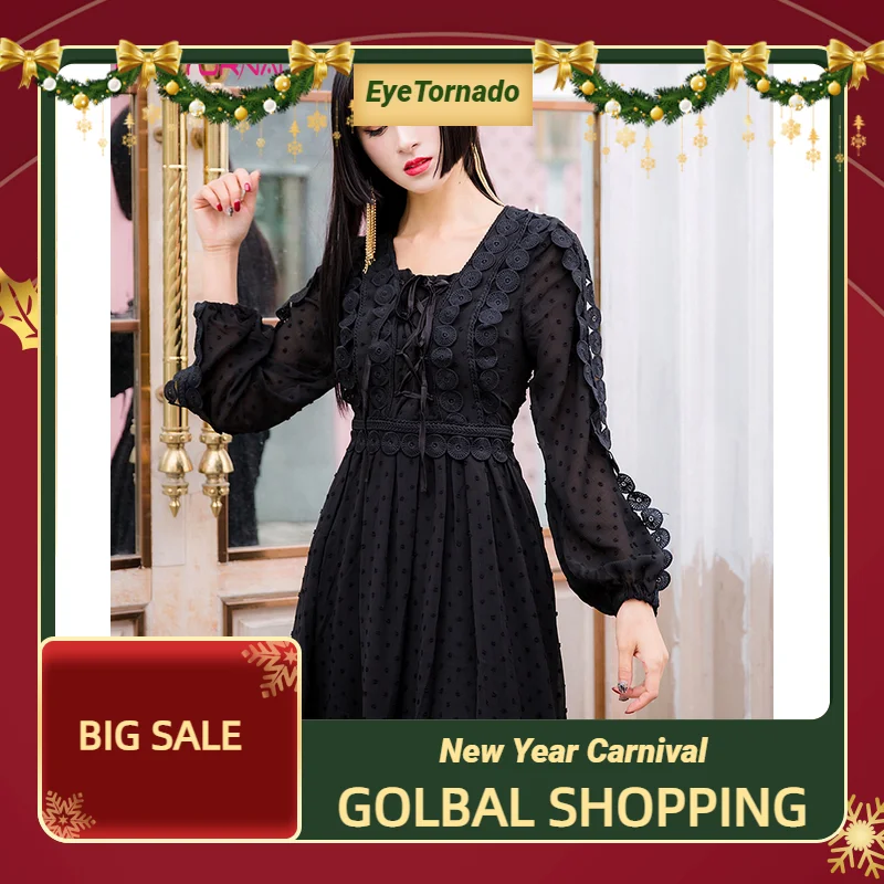 

Women Summer Short Dress Black Lace Embroidery Party V-Neck Long Sleeve Casual Bohemian Beach Dress