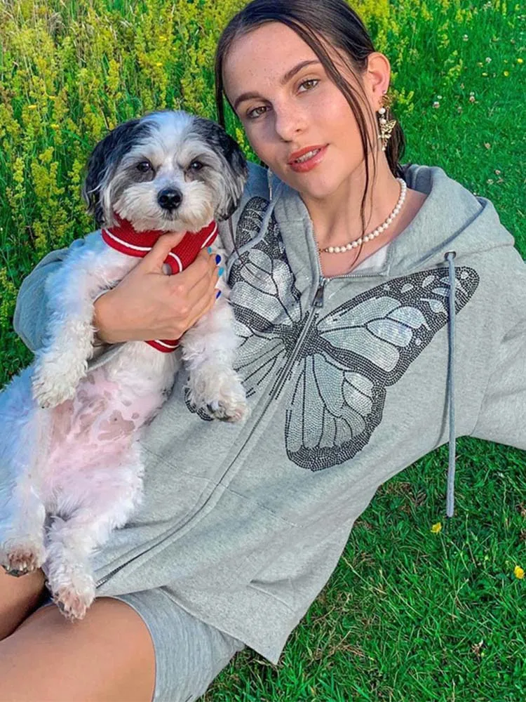 Модные женские худи с рисунком бабочки на молнии уличная одежда в стиле E-girl 90-х